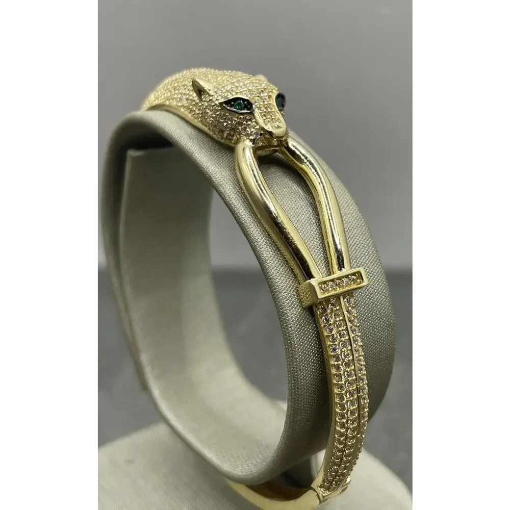 14K Yellow Gold Panther W/ Green Eyes Bangle Style Bracelet (22065)